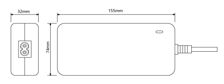 ZB 2A/3A charger dimensions 155x74x32mm